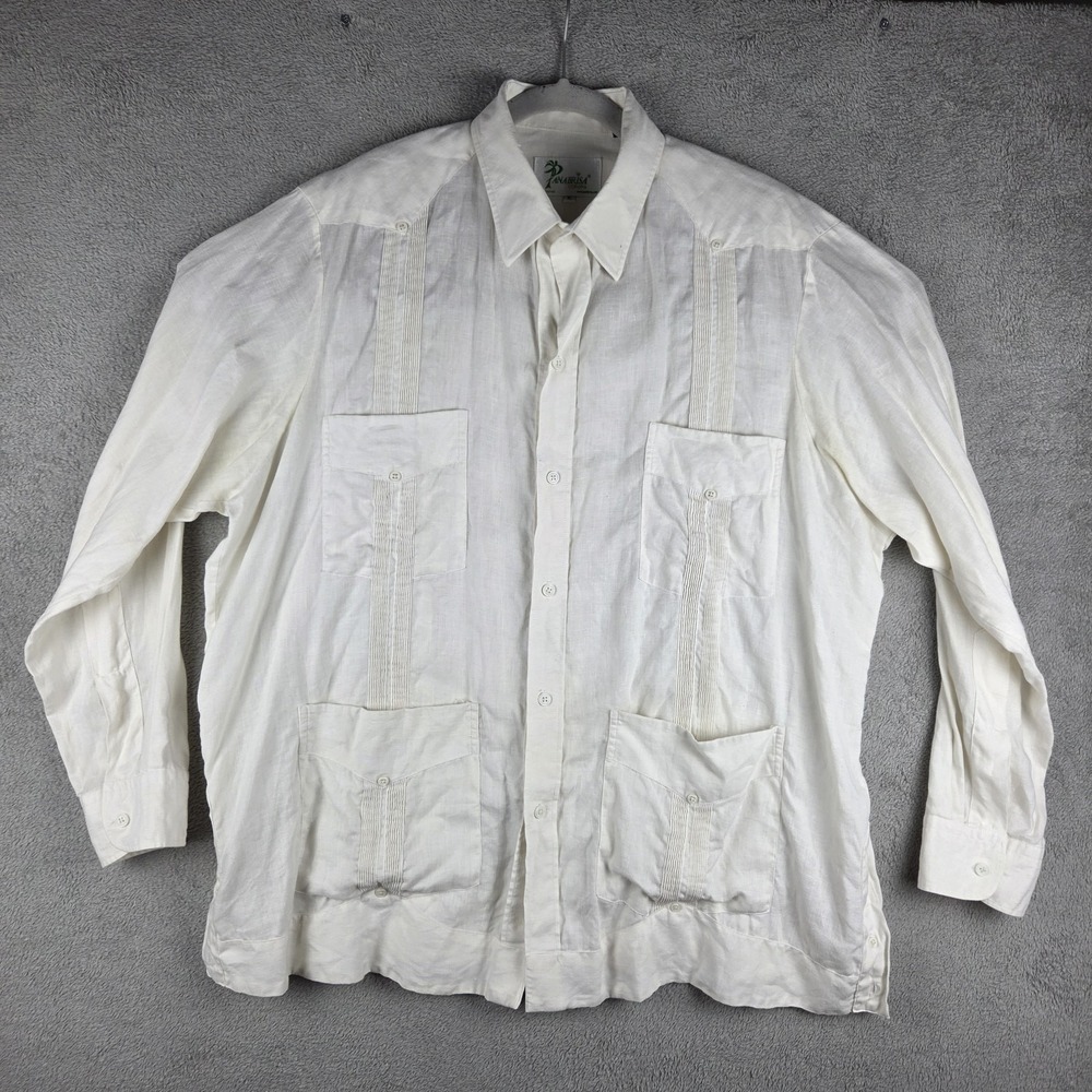 Panabrisa Corona 100% Linen Guayabera Ivory Shirt Mens XL Long Sleeve  Pockets